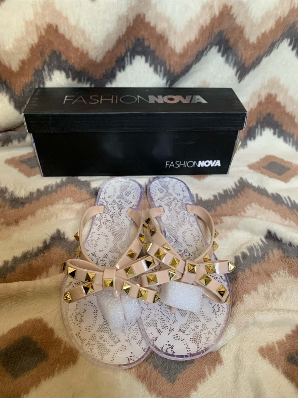 Fashion Nova Summer Romance Studded Flat Sandals Nude Sz 7
